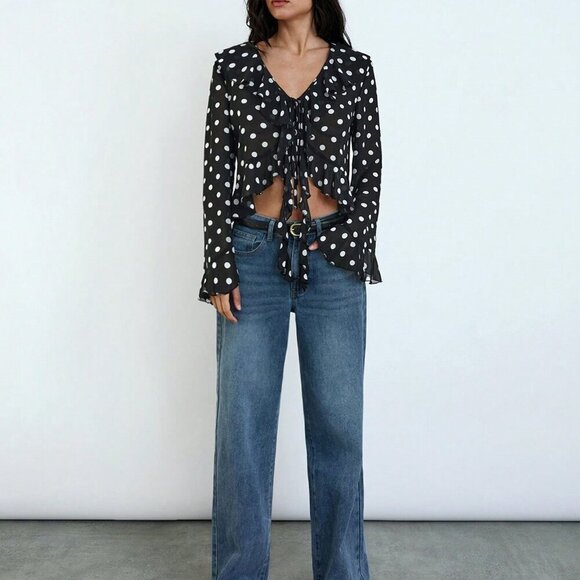 Black Women's Polka Dot Print Design Front Bow Tie Ruffle details blouse - Picture 4 of 11